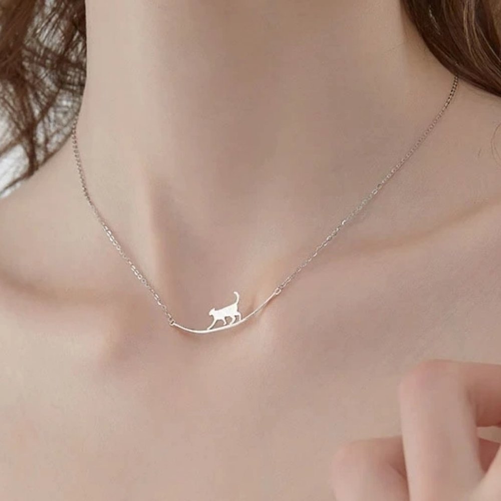 *NEW 925 Sterling Silver Cute Cat Bar Necklace - Picture 1 of 11